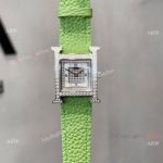 Swiss Replica Hermes Heure H Diamond-paved watches Green Leather strap